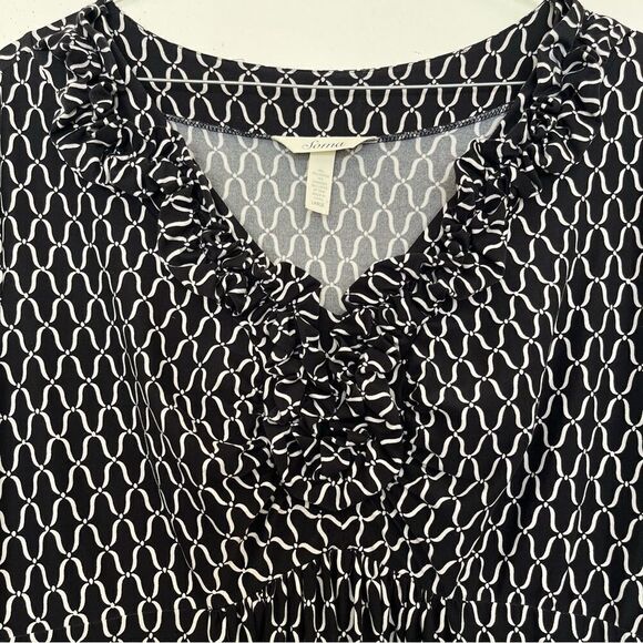 Soma Ruffle Dress Long Sleeve Knee Length Black White Stretch Waist V Neck Large - Picture 3 of 8